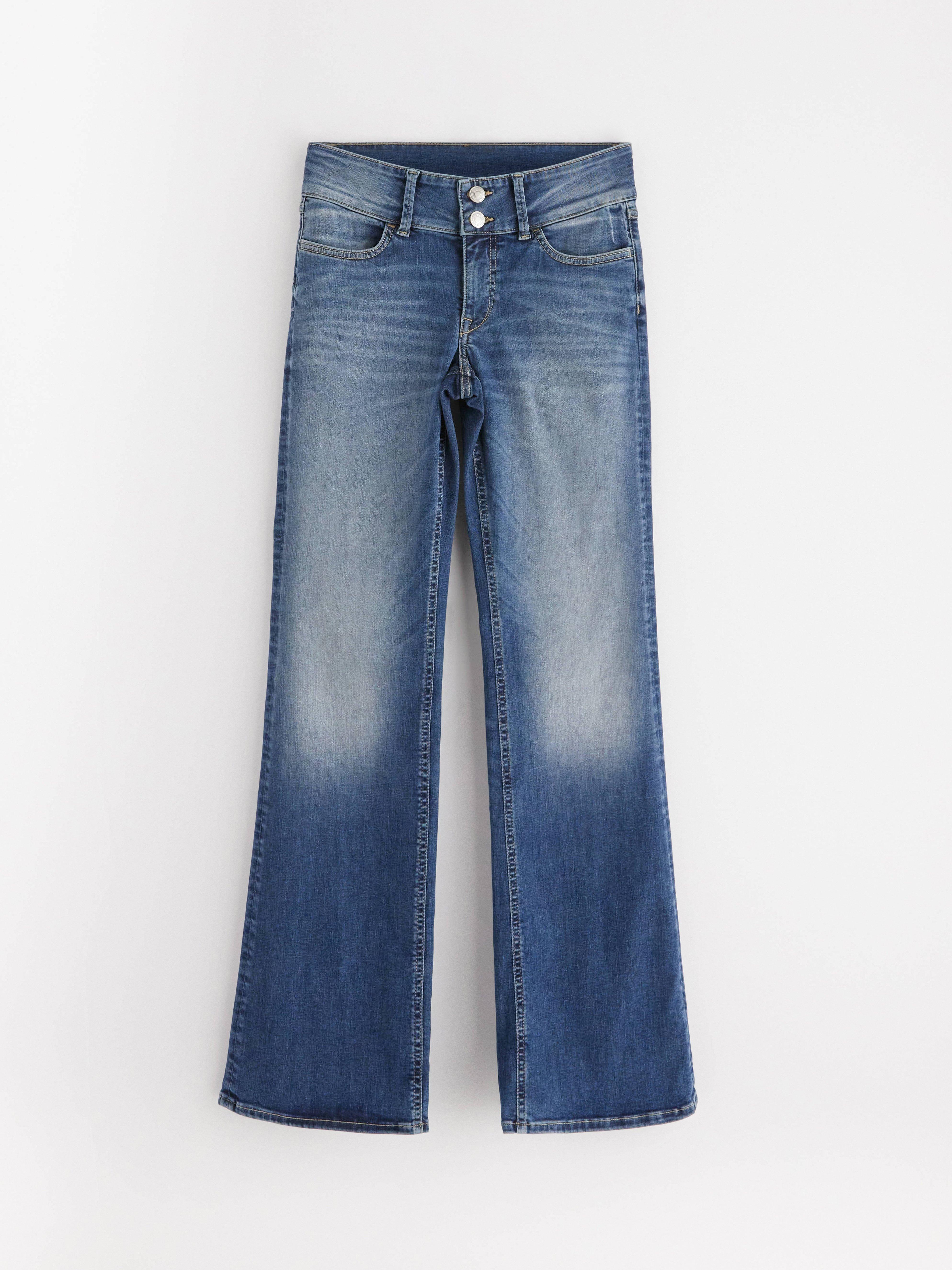 Pantalones vaqueros elásticos FLARE de talle bajo color azul vaquero