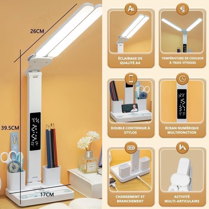 Lampada da scrivania a LED, dimmerabile per la protezione degli occhi, 3 temperature di colore, con portapenne, display a LED per studio e lavoro.