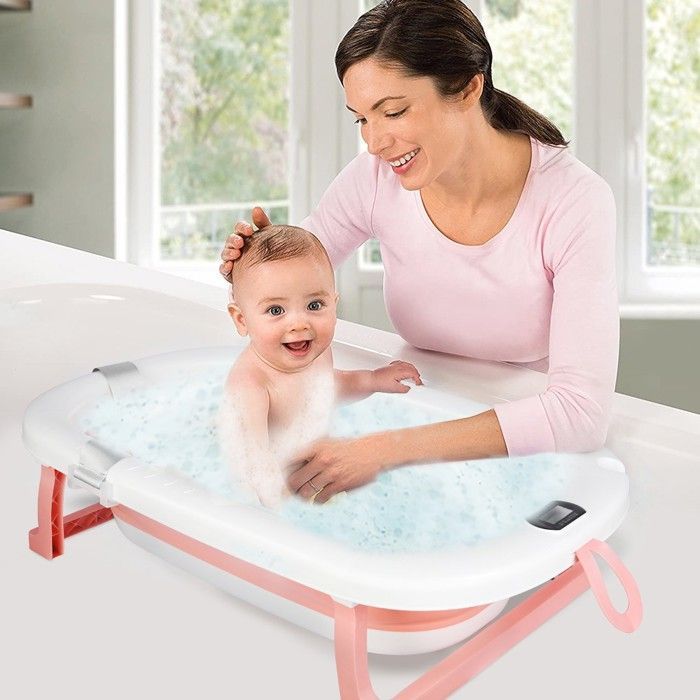 Bañera plegable para bebé con cojín y termómetro incorporado - Bañera infantil con soporte - 76*45*18 cm - Verde