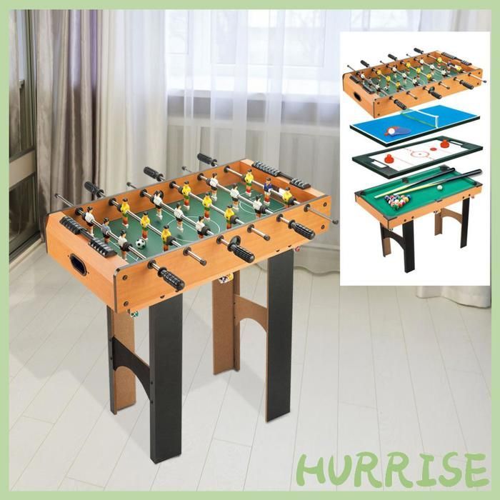 Mesa Multijogos 4 em 1 Cocosity: Pebolim, Bilhar, Air Hockey, Pingue-pongue com Acessórios de Madeira, 92 cm (C) x 78 cm (L) x 80 cm (A)