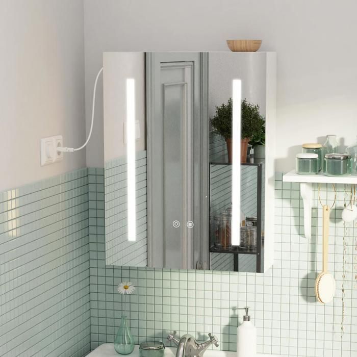 MIPAN. Armoire Miroir de Salle de Bain - Avec Rangement + Miroir +  LED - Blanc Armoire de Salle de Bain Murale -  60 x 45 x15cm
