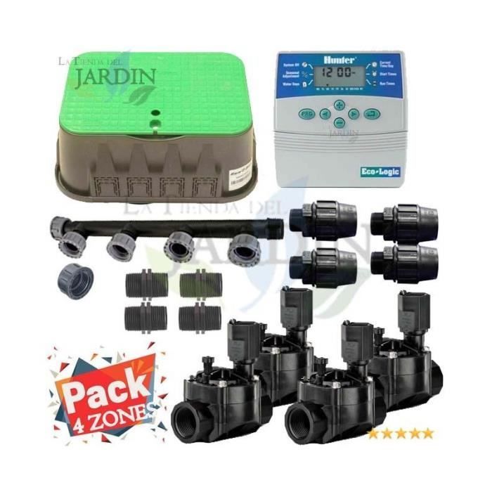 Suinga - Kit de riego automático de 4 zonas para controlador eléctrico. Controlador Hunter ELC401 + electroválvulas.