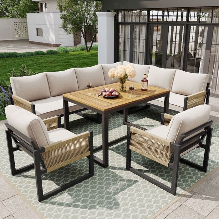 Salon de jardin extérieur - LANGTU - Modulable 8 places - Coussins 8cm - Tressage corde - Table 95x63x65 cm