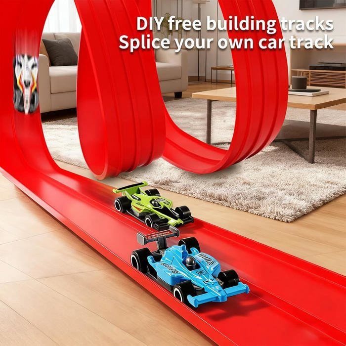 Circuit Voiture Enfant Flexible 5M, Piste Automobile Inertie avec 4 Voitures & 12 Ventouses, Jeu de Course pour Enfants 3+ pour à