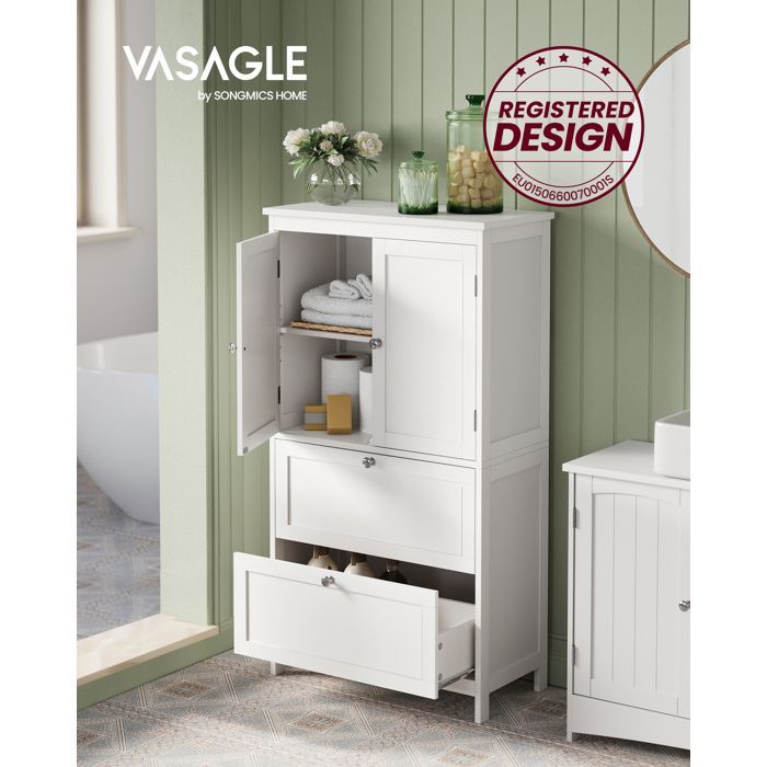 Mobiletto da bagno/cucina VASAGLE con 2 ante, 2 cassetti e ripiani regolabili, 30 x 60 x 110 cm, bianco.
