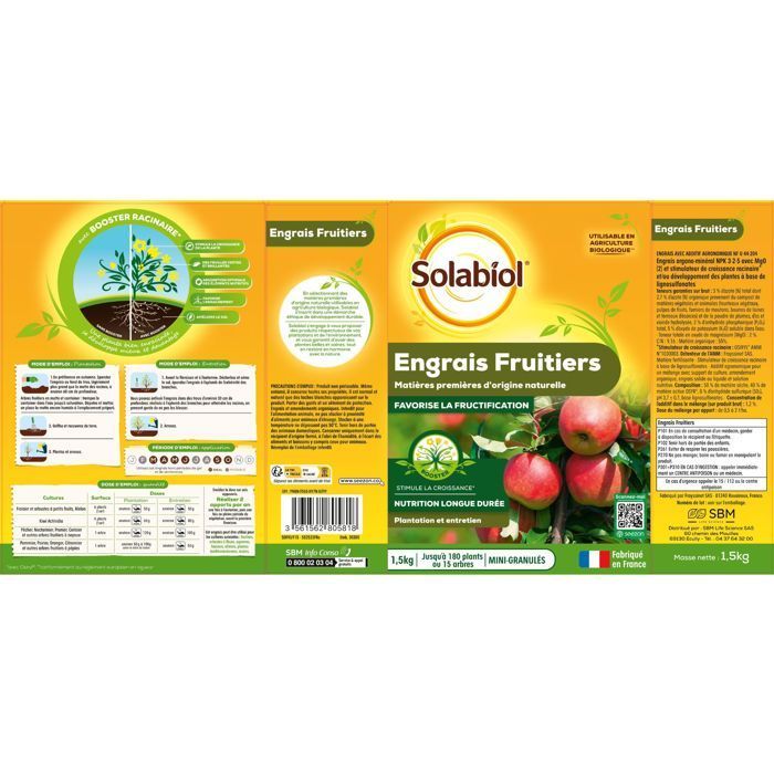 SOLABIOL Engrais fruitiers - 1,5kg - Jusqu'à 180 plants - Stimulateur de croissance - Nutrition longue durée - UAB SOFRUY15