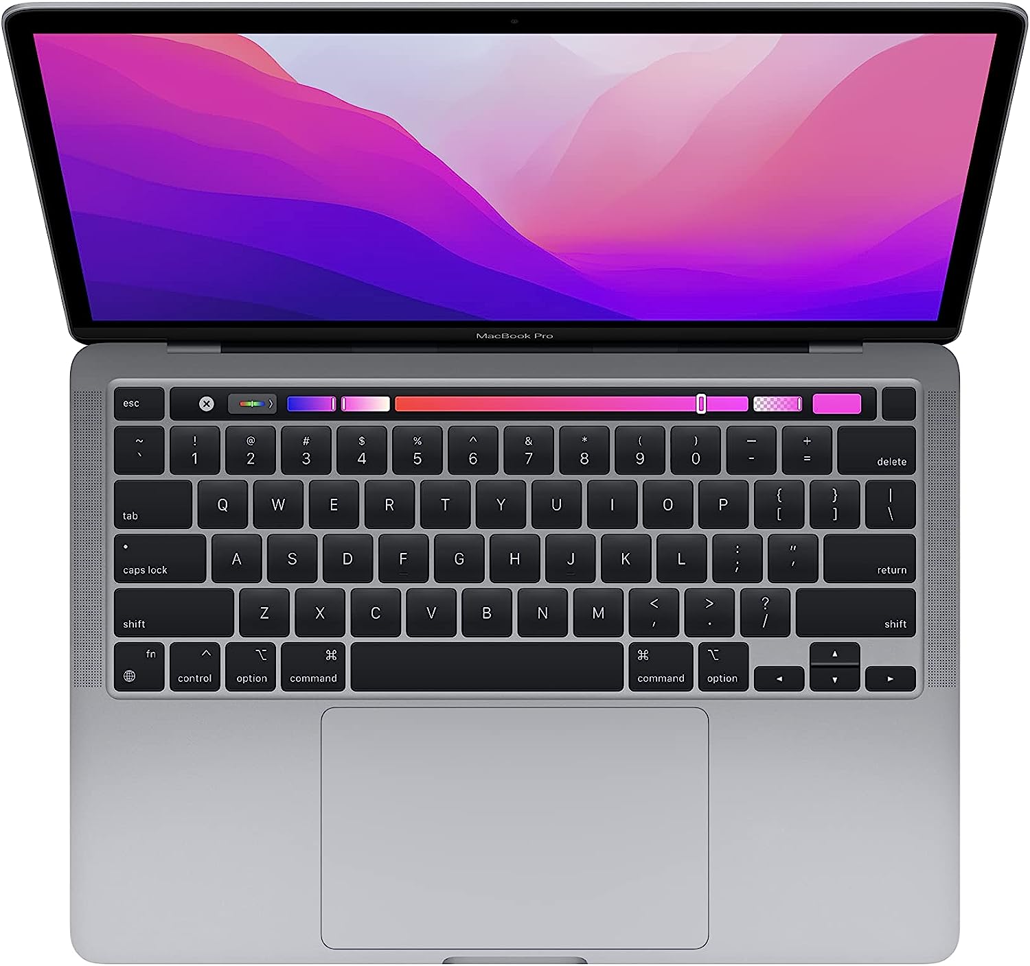 Apple MacBook Pro -kannettava vuodelta 2022 M2-sirulla: 13 tuuman Retina-näyttö, 16 Gt RAM-muistia, 1 Tt ​​​​​​​SSD ​​​​​​​-tallennustilaa, Touch Bar, taustavalaistu näppäimistö, FaceTime HD -kamera. Toimii iPhonen ja iPadin kanssa; tähtiharmaa