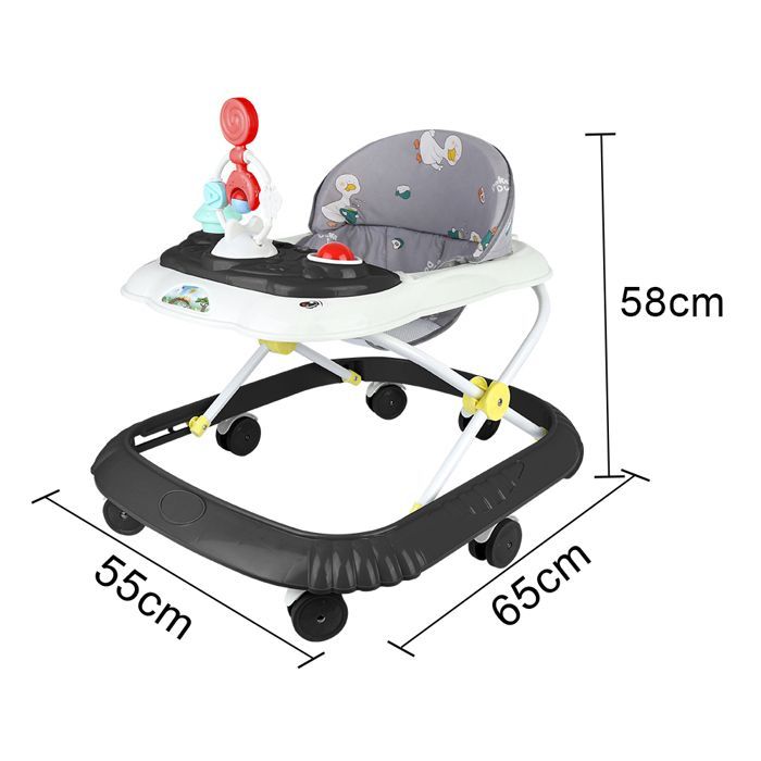 Noir Trotteur Pliable pour Bébé Garçon fille 6-18 Mois, Marcheur avec 4 Hauteur Réglable 37-43cm, Musique plateau amovible,