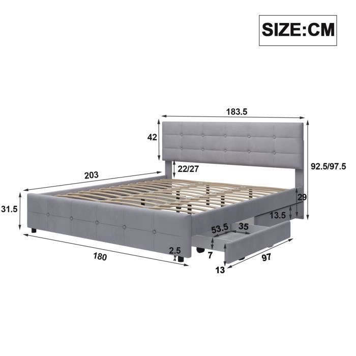 Cama doble tapizada - MARCA - 180 x 200 cm - 4 cajones - Tela de terciopelo gris