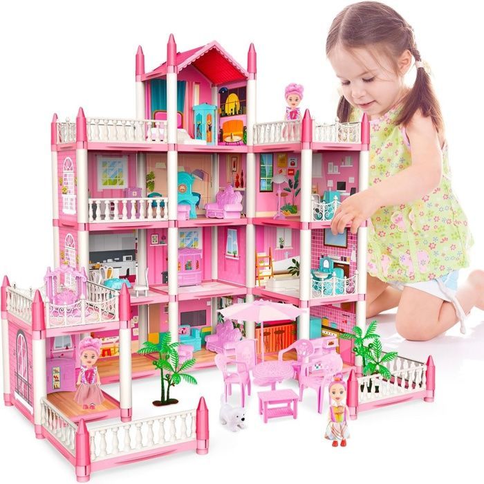 Casa de ensueño para niñas con muñeca y luz, casa de muñecas para niños con muebles y accesorios en miniatura, rosa