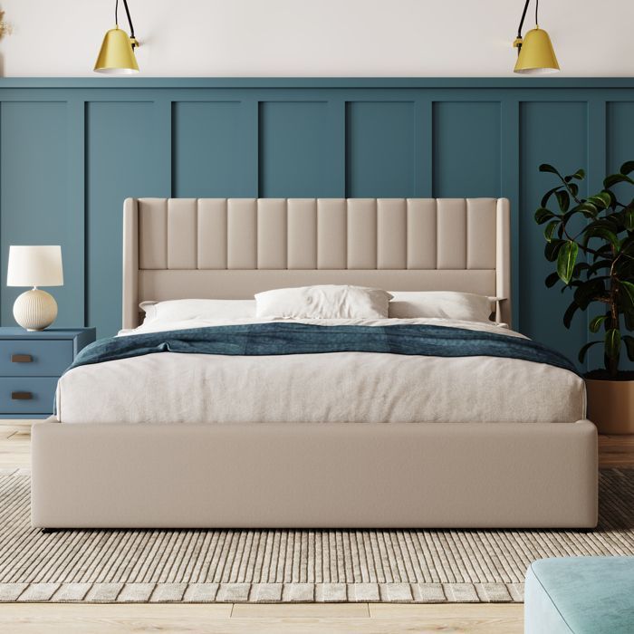 Lit Coffre Adult - 180x200 cm - Tête de Lit Rembourrée - Sommier Relevable Hydraulique Lit Double avec Rangement - Tissu Lin Beige