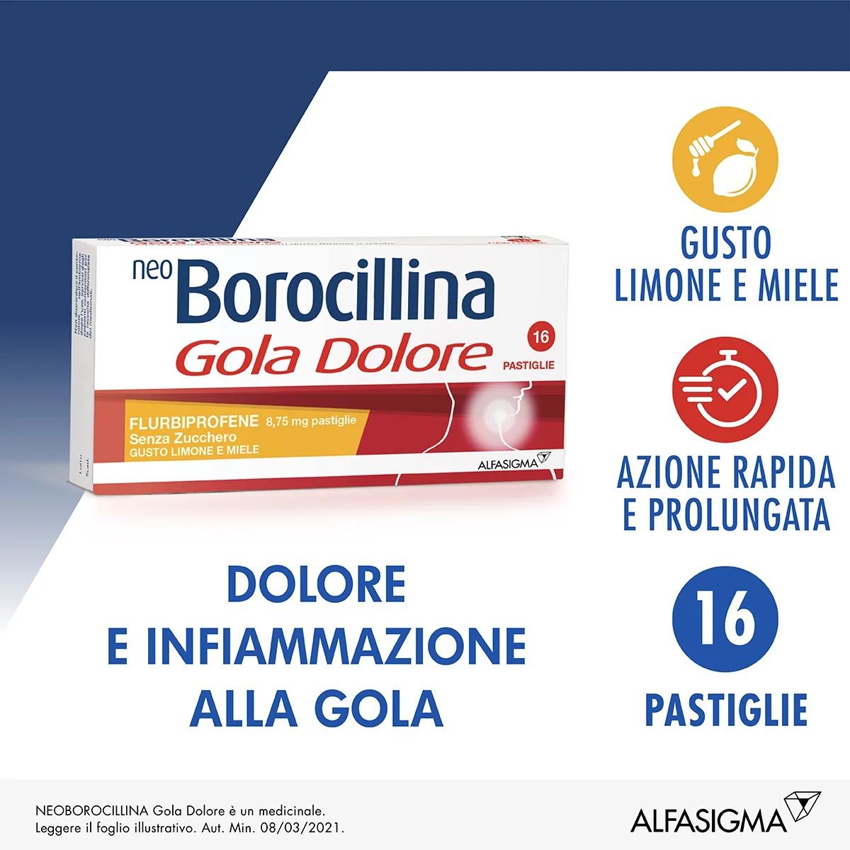 NEOBOROCILLINA Neo Borocillina Halsschmerzen 8,75 mg Zitrone und Honig 16 Lutschtabletten ohne Zucker