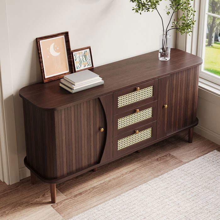 Buffet en Noyer 140 cm Commode en Rotin avec 3 Tiroirs de Rangement, 2 Portes et Étagères Réglables - pour Salon et Salle à Manger