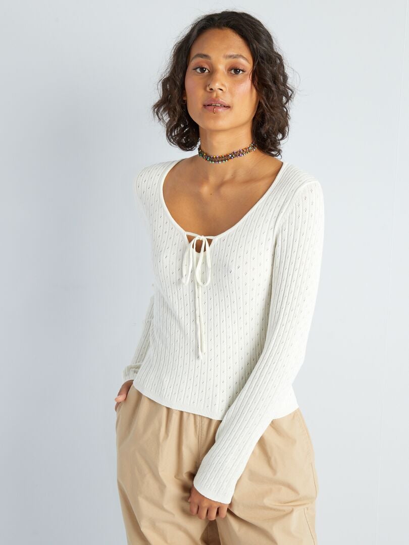 Gebreide trui met pointelle-patroon - WIT