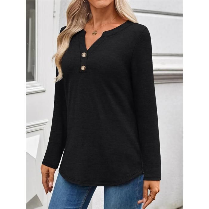 T-shirt da donna a maniche lunghe, primavera, scollo a V, casual, nera