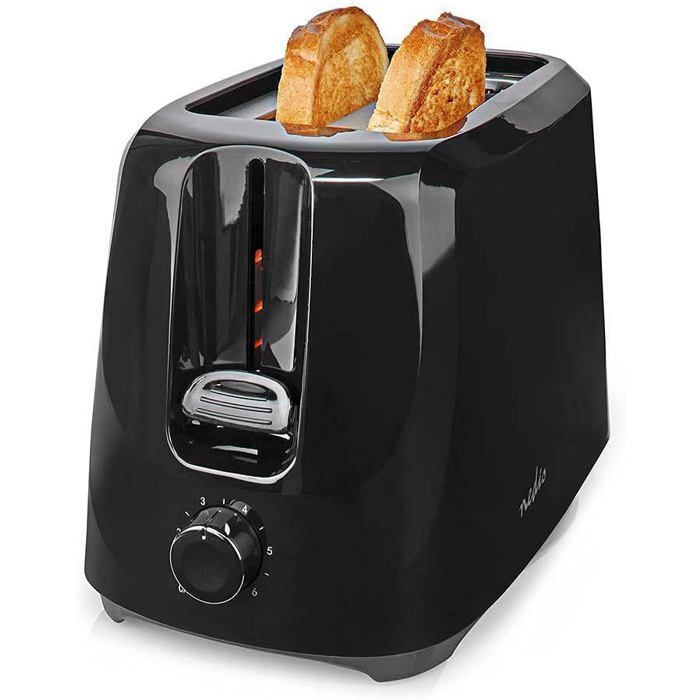 Tostadora compacta - TRAHOO - 2 ranuras - 6 niveles de tostado - Bandeja recogemigas - Negra - 35x26x17 cm - 700 vatios