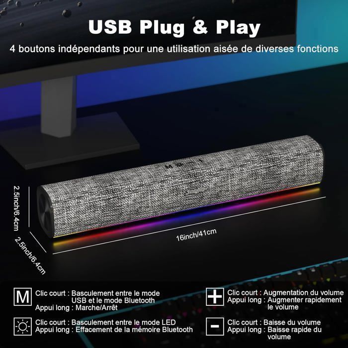SOULION R100 Altoparlanti per PC, soundbar Bluetooth con LED per computer, alimentazione tramite USB (adattatore USB-C incluso)