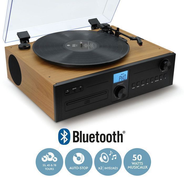 Mooov 477365 Micro-chaîne HiFi, Lecteur CD Radio, Platine Vinyle 33, 45, 78 Tours Stéréo Bluetooth - Haut-Parleur Intégrés - Bois