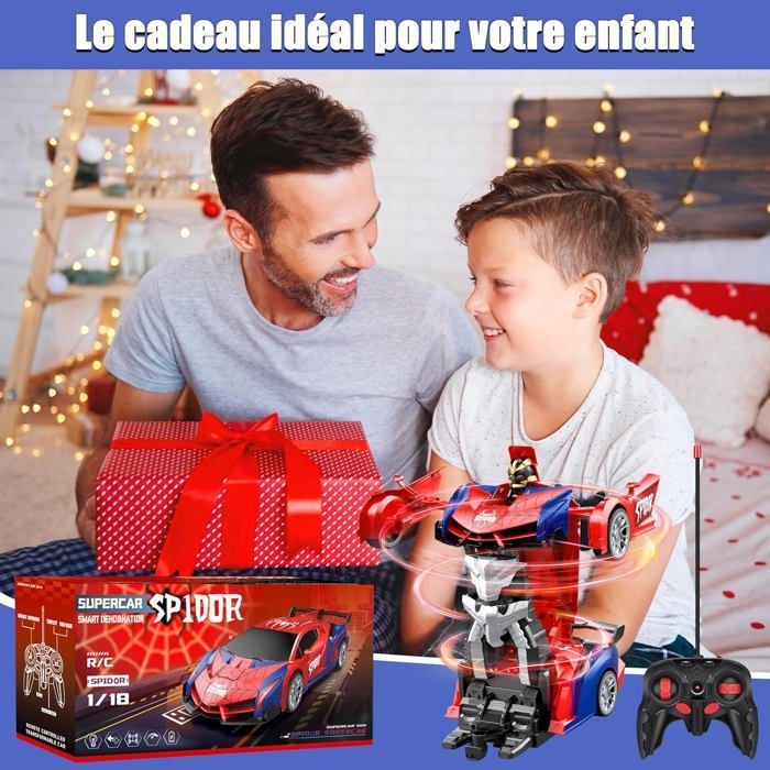 Coche de juguete transformable 2 en 1 con control remoto, luces LED, rotación de 360° y batería recargable por USB. Regalo ideal para niños y niñas.