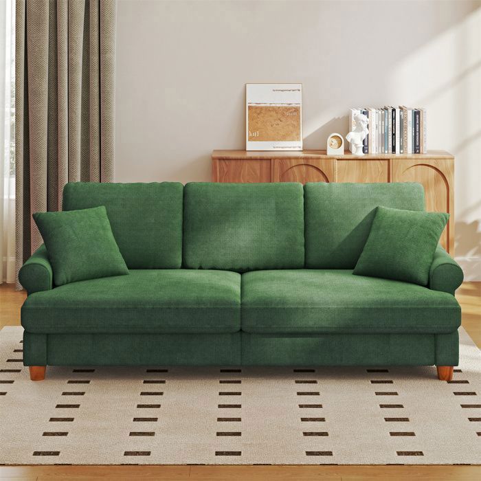 Grand Canapé 3 Places en Chenille Vert avec accoudoirs,coussins et oreillers,Canapé Scandinave pour le salon,220×74×86cm
