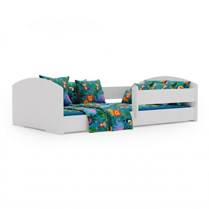 Cama infantil Montessori LEO de 160x80 cm con barandilla y colchón – Cama baja para niños, color blanco.