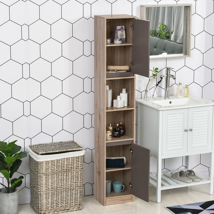 Mueble de baño tipo columna - HOMCOM - 6 estantes estrechos, 2 puertas, 2 compartimentos - madera - 30x24x170cm - roble gris