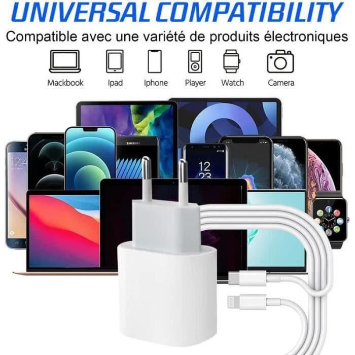 Chargeur Rapide 20W - USB C vers Lightning - 2m - Compatible iPhone/iPad - Bloc de charge