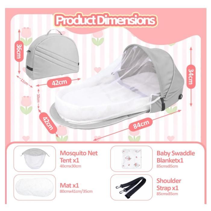 Cuna de viaje portátil para bebé – Moisés plegable convertible con mosquitera – Montaje y transporte en 1 minuto (Gris claro)