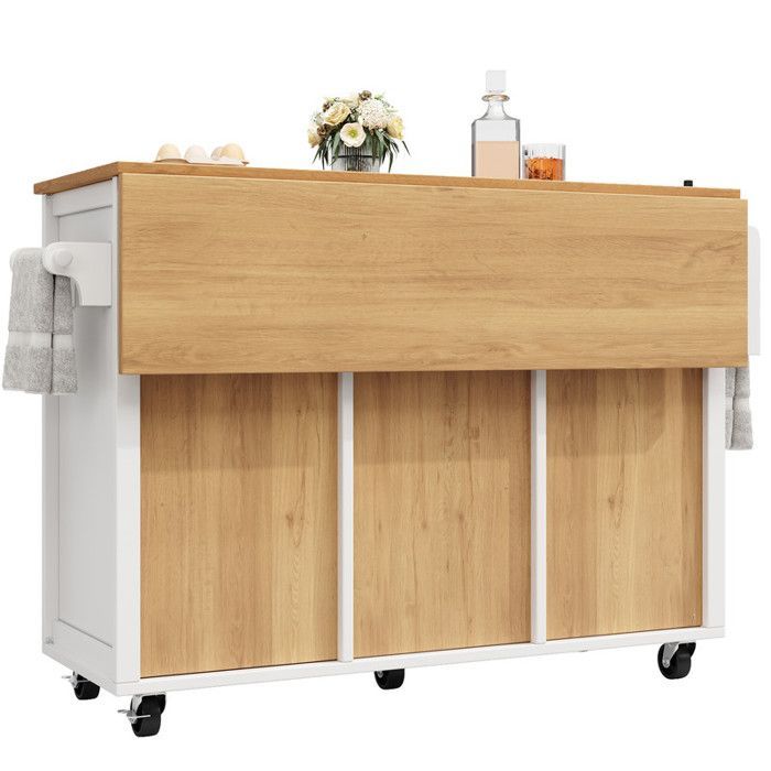 Îlot de cuisine - Blanc/Noir - Extensible - Roulettes - Porte-serviettes - Étagères réglables