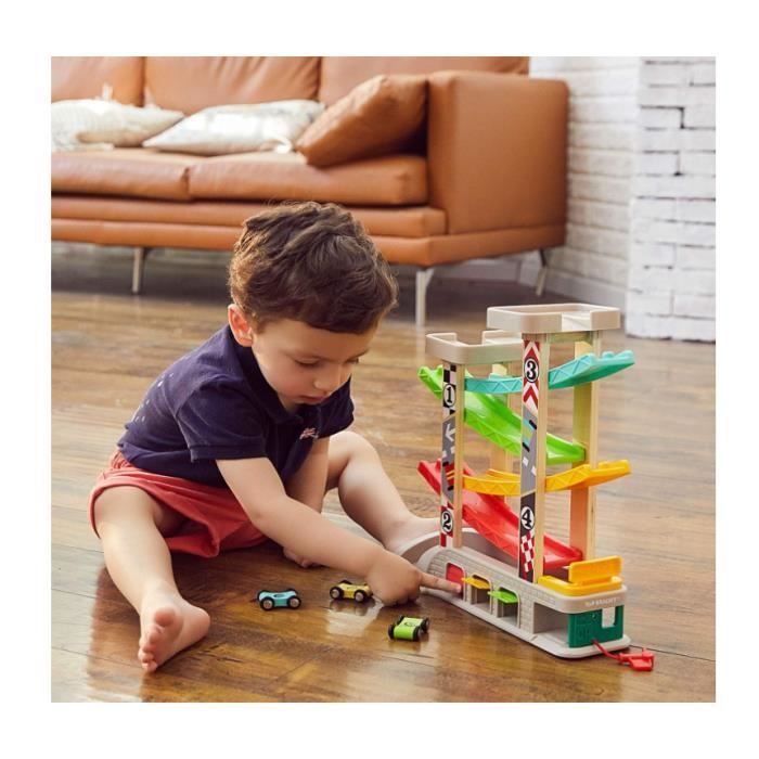Jouet Garage Voiture - Rampe de Course en Bois - 4 Voitures - Cadeau Educatif - Pour Enfant 1-2 Ans