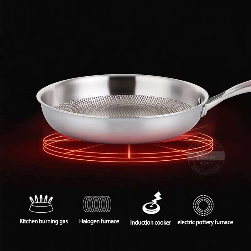 Wok en acier inoxydable 304, poêle à frire, sauteuse à steak, ustensiles de cuisine pour cuisinière à gaz et à induction, 28/30 cm, sans revêtement antiadhésif