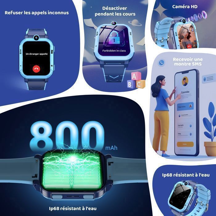 4G Montre Connectée Enfant , Appel Vidéo, GPS, SOS,Chat,Réveil,Jeux,Caméra, Mode Classe, Cadeau pour Garcon Fille