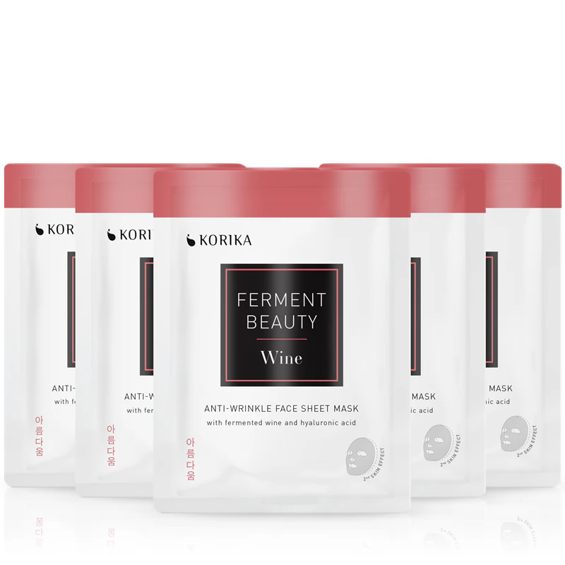 Conjunto de 5 máscaras faciais antirrugas KORIKA FermentBeauty com vinho fermentado e ácido hialurônico com desconto.