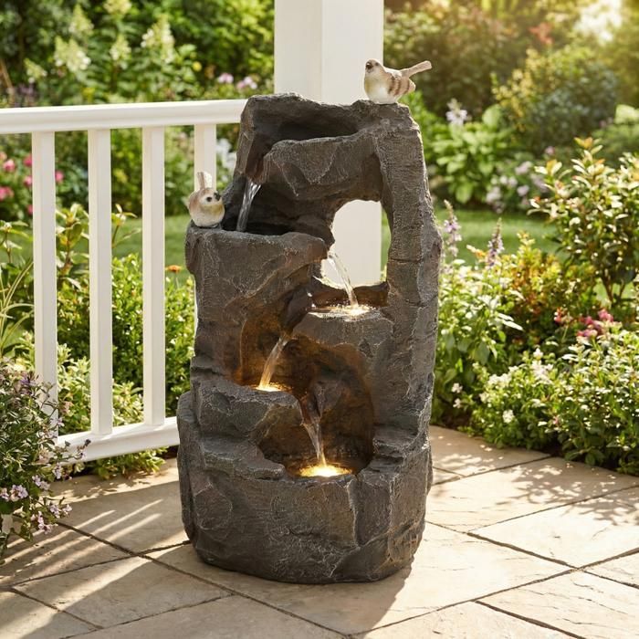 Fuente LED para exteriores - 47 cm - Gris piedra - Iluminación LED amarilla cálida - Sonido de agua suave 55 dB