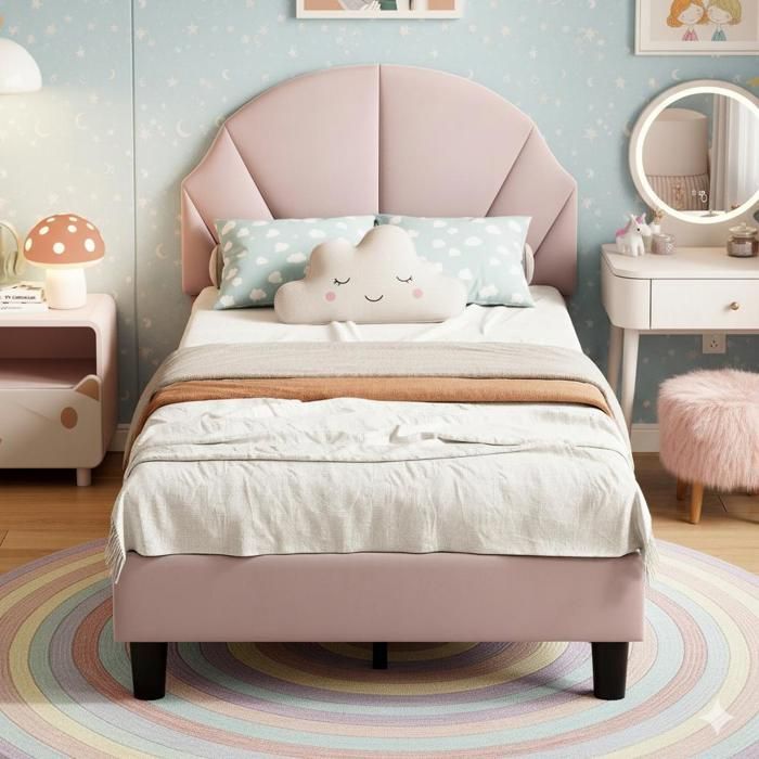 90x200cm Bed - Children's Bed, Single Bed and Slatted Base - with Adjustable Headboard, Seashell Design - in Pink Velvet