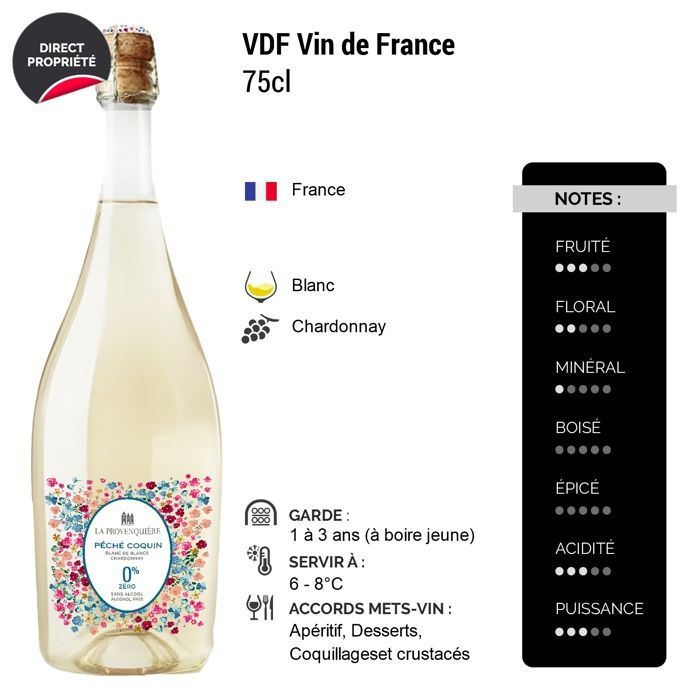 La Provenquière Péché Coquin Blanc de Blancs Chardonnay 0% Alkoholfrei – Vin de France – Weißwein (6x75cl) HVE Alkoholfrei