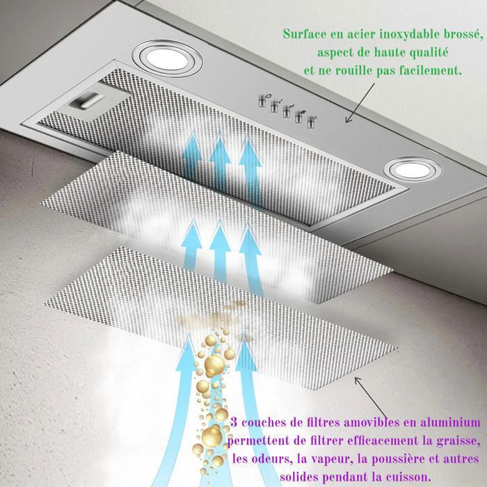 Built-in cooker hood 52cm, 300m³/h, 3 Speeds, Extraction & Recirculation, stainless steel cooker hood [Energy Class A]