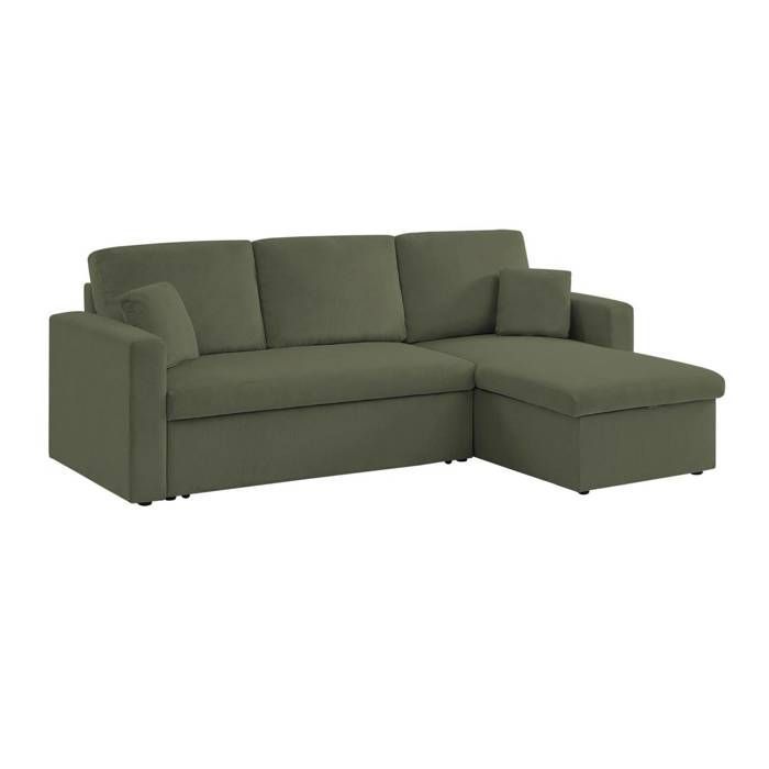 Sofá-cama de canto em veludo cotelê cáqui escuro - IDA - 3 lugares. Poltrona de canto reversível com compartimento de armazenamento.