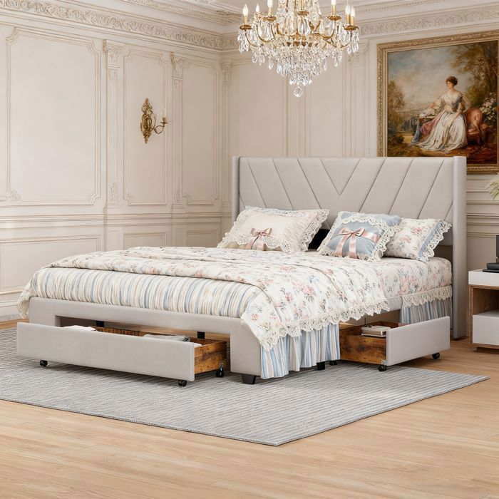 Lit adulte 140x190 cm - COZY - lit 140x190 cm - cadre de lit double 140x190 cm - sommier - tissu en lin - beige