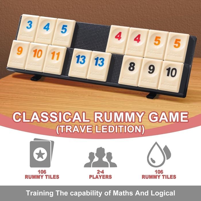 Set di mini dadi da Rummy, gioco classico di Rummy, gioco da tavolo di Rummy numerico con 4 ripiani, 106 dadi da Rummy per 2-4 giocatori