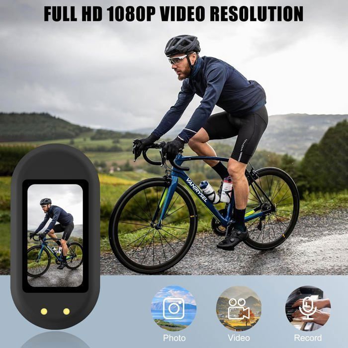 Mini sports camera, 1080p HD video recording, equipped with a 360° rotating clamp, 150-minute battery life