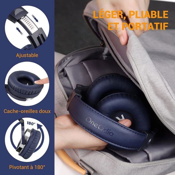 Auriculares para DJ OneOdio Pro10, auriculares profesionales con cable para estudio de audio con micrófono, auriculares de monitorización, graves potentes, plegables, azul oscuro.