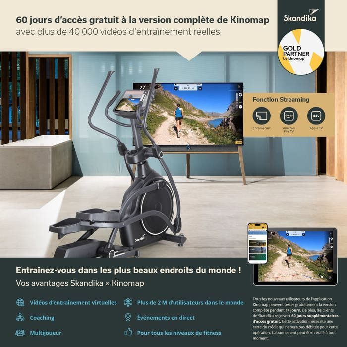 Vélo elliptique connecté - Skandika Carbon P30-S Touchscreen - Inertie 30kg - inclinaison réglable - app préinstallées