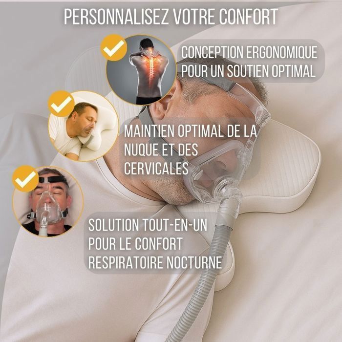 Oreiller Ergonomique - INPHYSIO - PPC/CPAP - Hauteur Ajustable 4 Niveaux - Mousse à Mémoire - Housse Douce