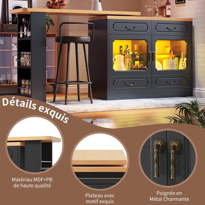 Isla de cocina retráctil con iluminación LED, mesa de comedor giratoria 360°, 4 cajones y estante para aperitivos - Negro