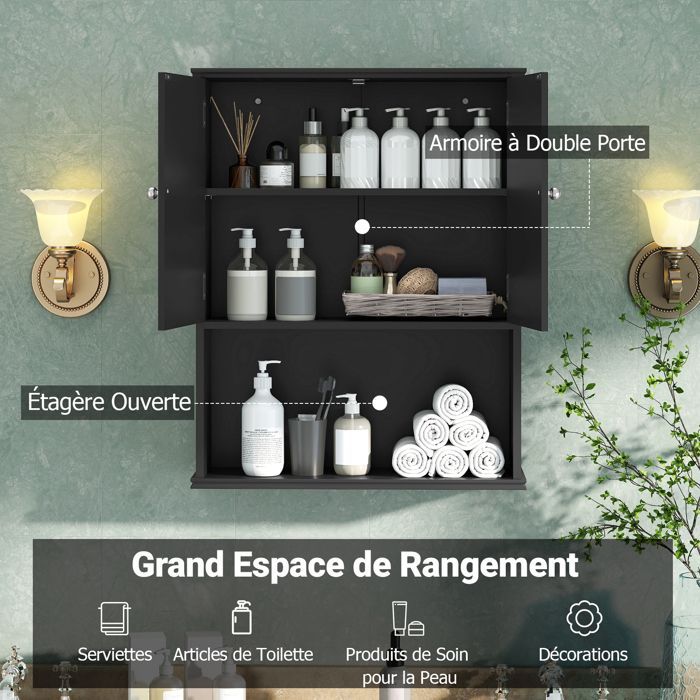 Mobiletto da bagno a parete COSTWAY con 2 ante, ripiano regolabile e scomparto aperto, ideale per WC, lavanderia e soggiorno, colore nero.