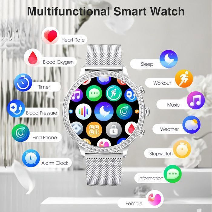 Montre Connectée Femme Ronde Appel Bluetooth Intelligente 1.32'' Smartwatch Sport/SpO2/Fréquence Cardiaque/Sommeil