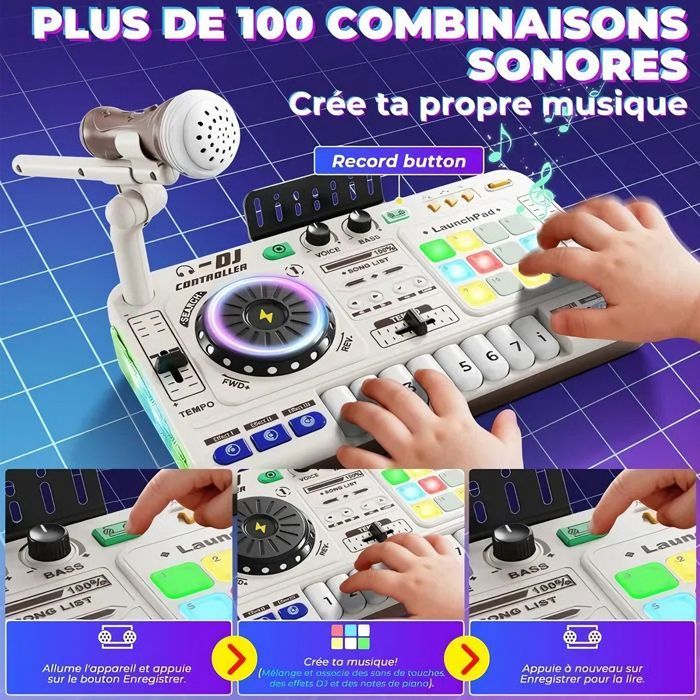 DJ Mixer Controller, DJ mixing console for children aged 3-10 years, with microphone, 100+ sound effects, musical toy with lights