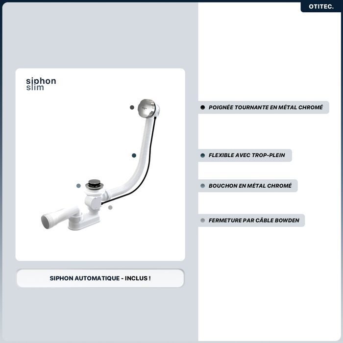 Banheira assimétrica para o lado esquerdo - OTITEC - INTEGRA - 150x75 cm - Ralo automático - Acrílico branco