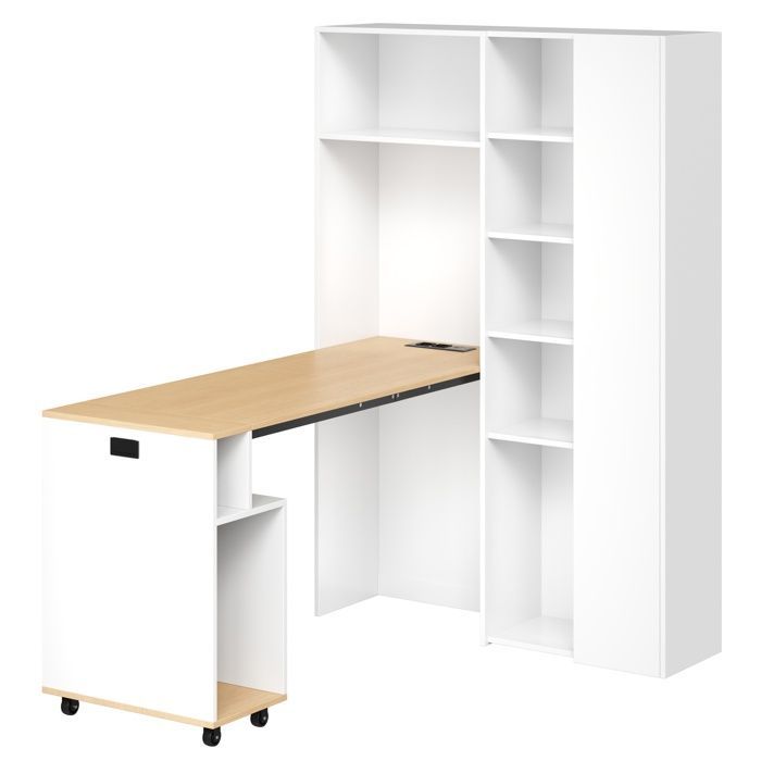 Opklapbaar bureau 104,5x30,5x160 cm - Met boekenkast - USB-poorten - Verstelbare planken - Met wielen - Wit + naturel